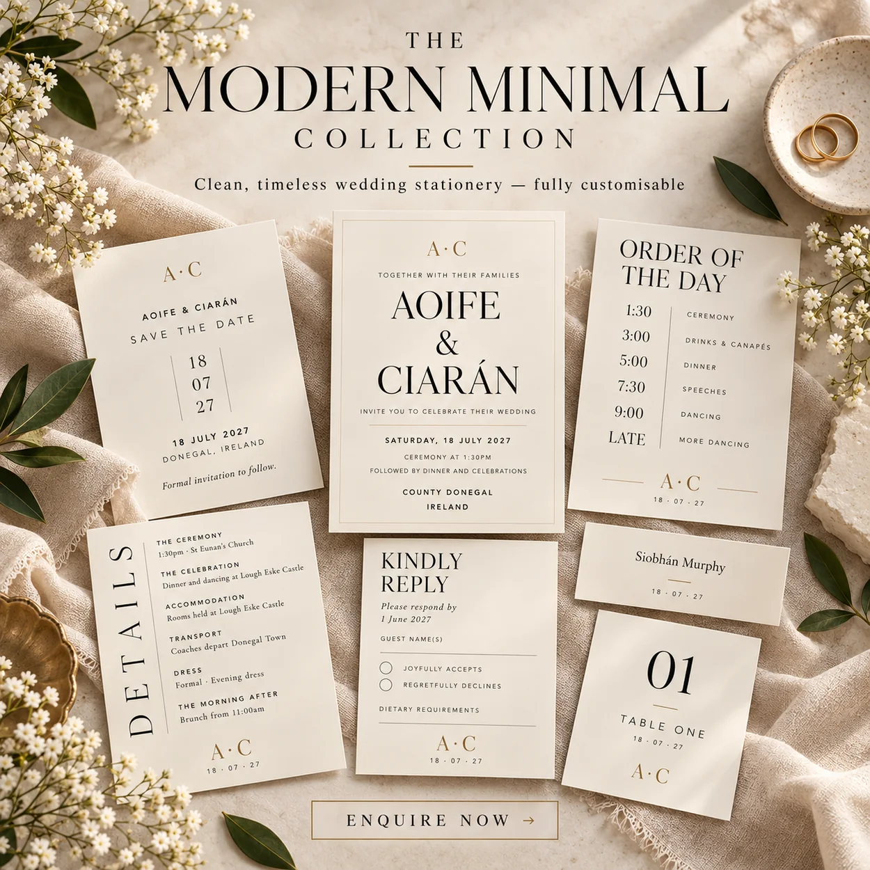 Refined minimalist wedding stationery in classic neutral tones