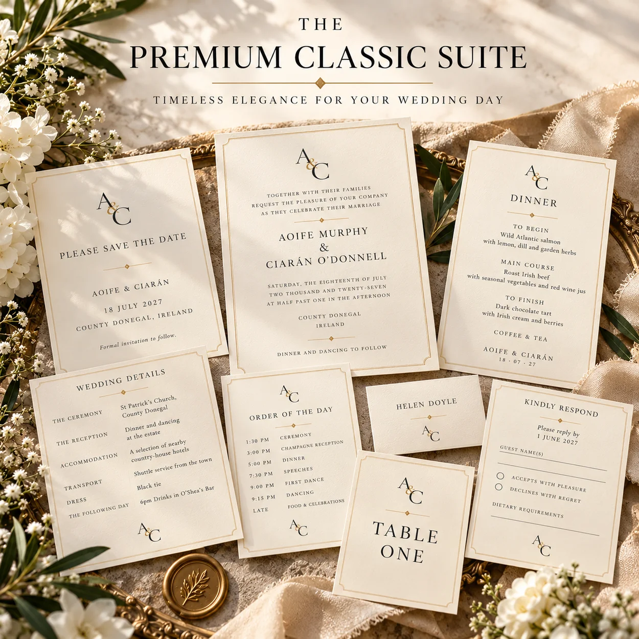 Premium Classic elegant wedding stationery suite in ivory and soft neutrals