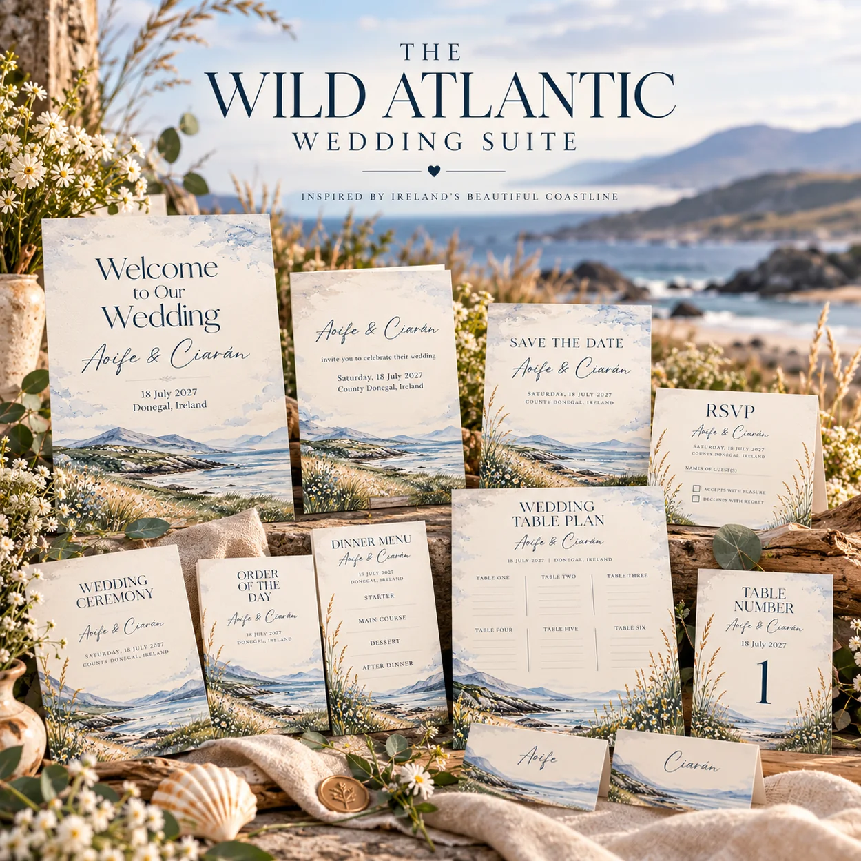 Wild Atlantic wedding suite of invitations and wedding day stationery photographed by the coast