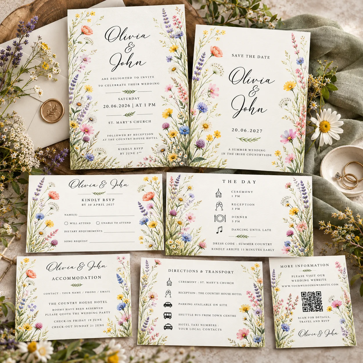 Colourful watercolour wildflower wedding invitations and stationery